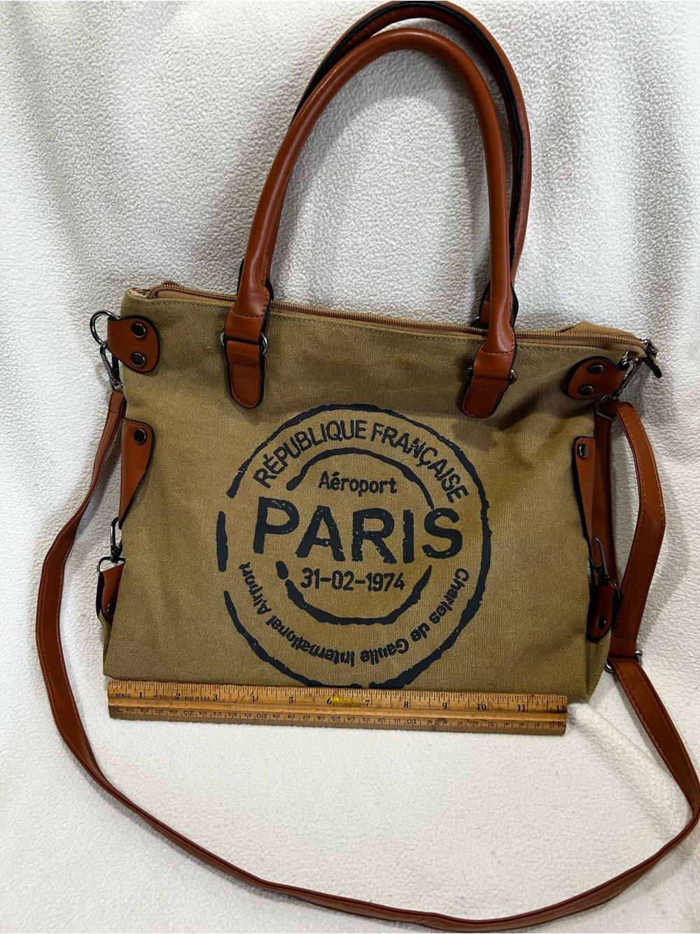 Canvas Paris Tote Bag with Brown Leather Handles